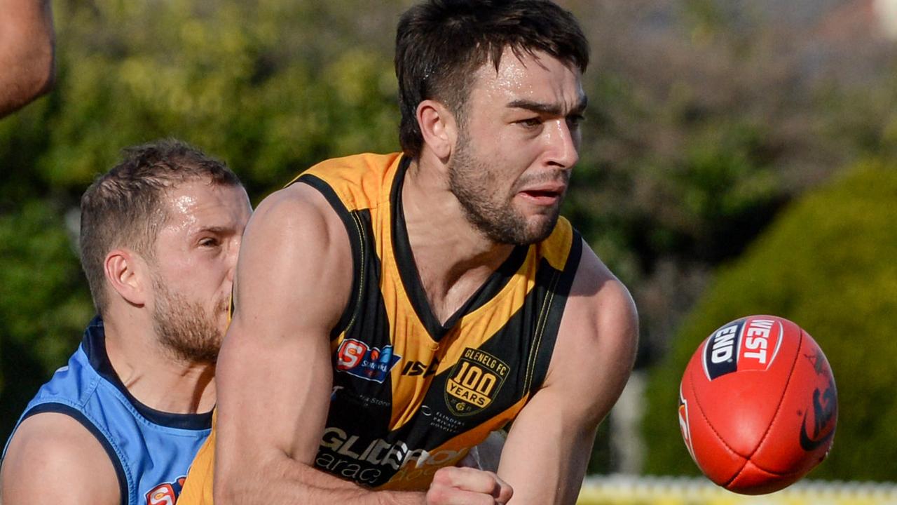 Brett Turner wins a hard ball for Glenelg. Picture: Brenton Edwards