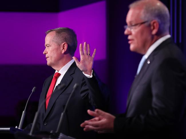 CANBERRA, AUSTRALIA - MAY 8: In this handout image provided by News Corp Australia, Prime Minister Scott Morrison and Labor leader Bill Shorten take part in  "The Leaders' Debate'' at the National Press Club on May 8, 2019 in Canberra, Australia. (Photo by Liam Kidston/News Corp Australia via Getty Images)