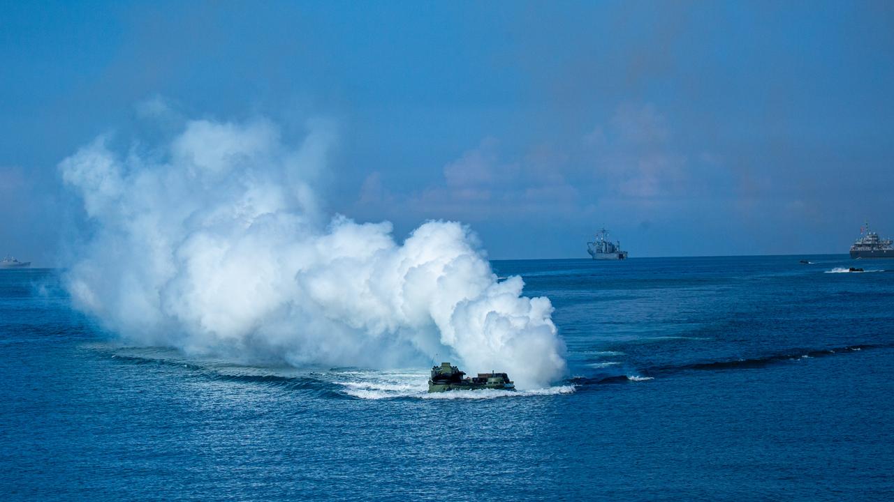 Taiwan's AAV7 amphibious assault vehicle is seen during the Han Kuang military exercise, which simulates China invading the island, on July 28, 2022 in Pingtung, Taiwan. Picture: Annabelle Chih/Getty Images