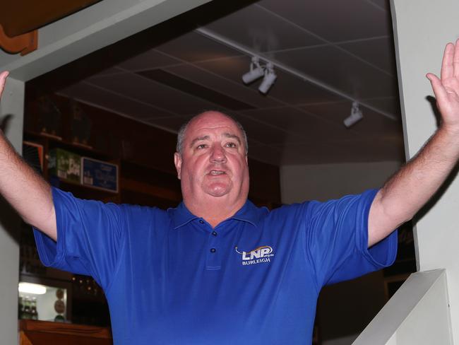 LNP candidate Michael Hart speaks to supporters at the post election party base at the Burleigh Brewing Company, Burleigh Heads, Gold Coast. Picture: Regi Varghese