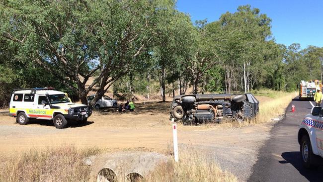 A Nissan SUV rolled into a ditch after it and a Toyota Camry collided on the Bruce Hwy at Chatsworth Tuesday morning. Picture: Jacob Carson