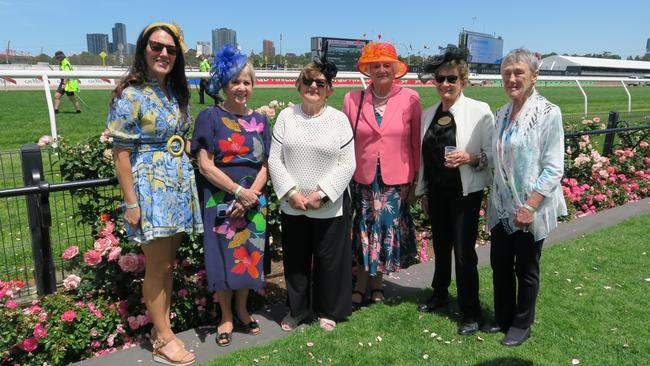 Dianne, Joan, Pam, Joan, Marie and Marg at the 2024 Crown Oaks Day, held at Flemington Racecourse. Picture: Gemma Scerri