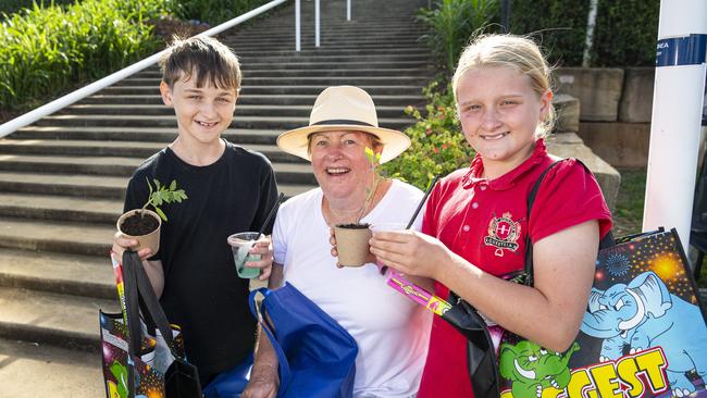 Noah and Lara Cameron with grandmother Kate Liley enjoy the Toowoomba Royal Show, Thursday, April 18, 2024. Picture: Kevin Farmer