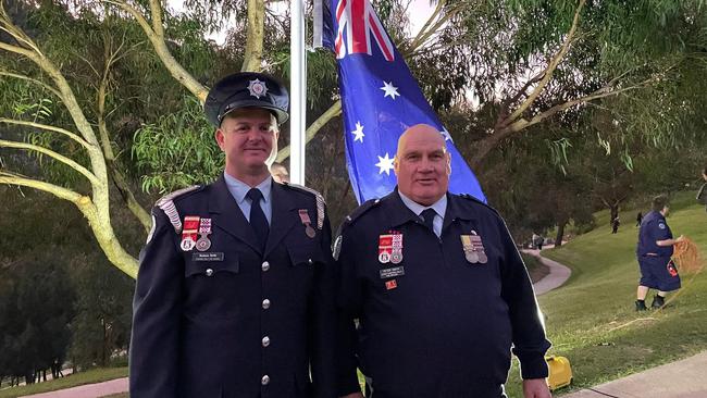 Anzac Day 2023: Ferntree Gully CFA Captain Seamus Smith and Upper Ferntree Gully captain Peter Smith.