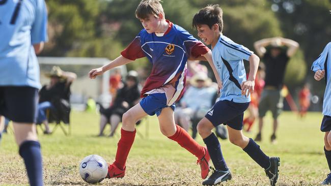 East Adelaide vs Playford in the Year 6 Country/Metro Soccer Sapsasa at Barratt Reserve in West Beach on Thursday. Picture: Matt Loxton