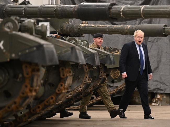 Mr Johnson meets NATO troops at the Tapa Army Base in Tallinn, Estonia. Picture: Leon Neal/AFP