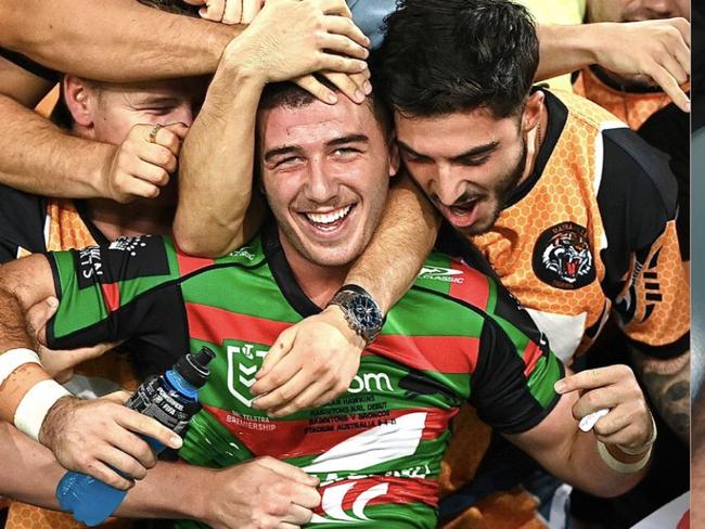 Dean Hawkins celebrates with mates and his injury (Credit: NRLPhysio