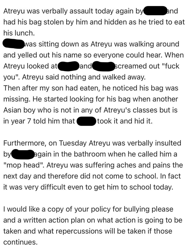 Another email Ms McCann sent to the school about the incidents. She says she heard nothing back from the school.