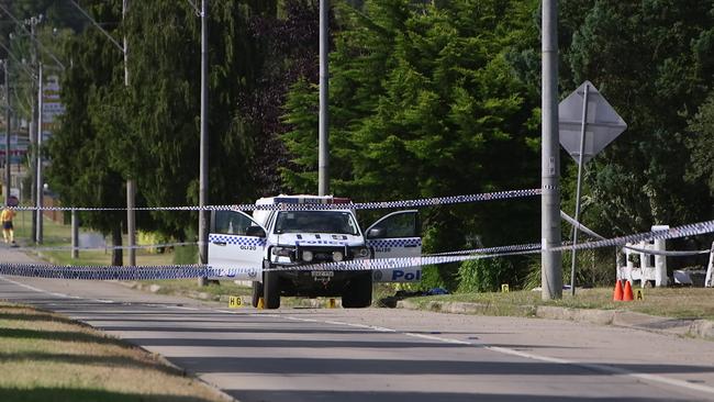 Police at the scene of the shooting today. Picture: Frank Redward