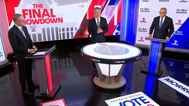 Anthony Albanese and Scott Morrison at the third leader's debate with moderator Mark Riley.