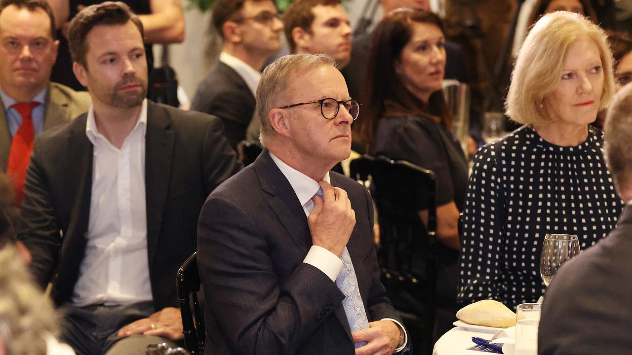 Labor leader Anthony Albanese feels the pinch at an Australian Chamber of Commerce and Industry lunch, Doltone House Darling Island, Sydney. Picture: Liam Kidston.