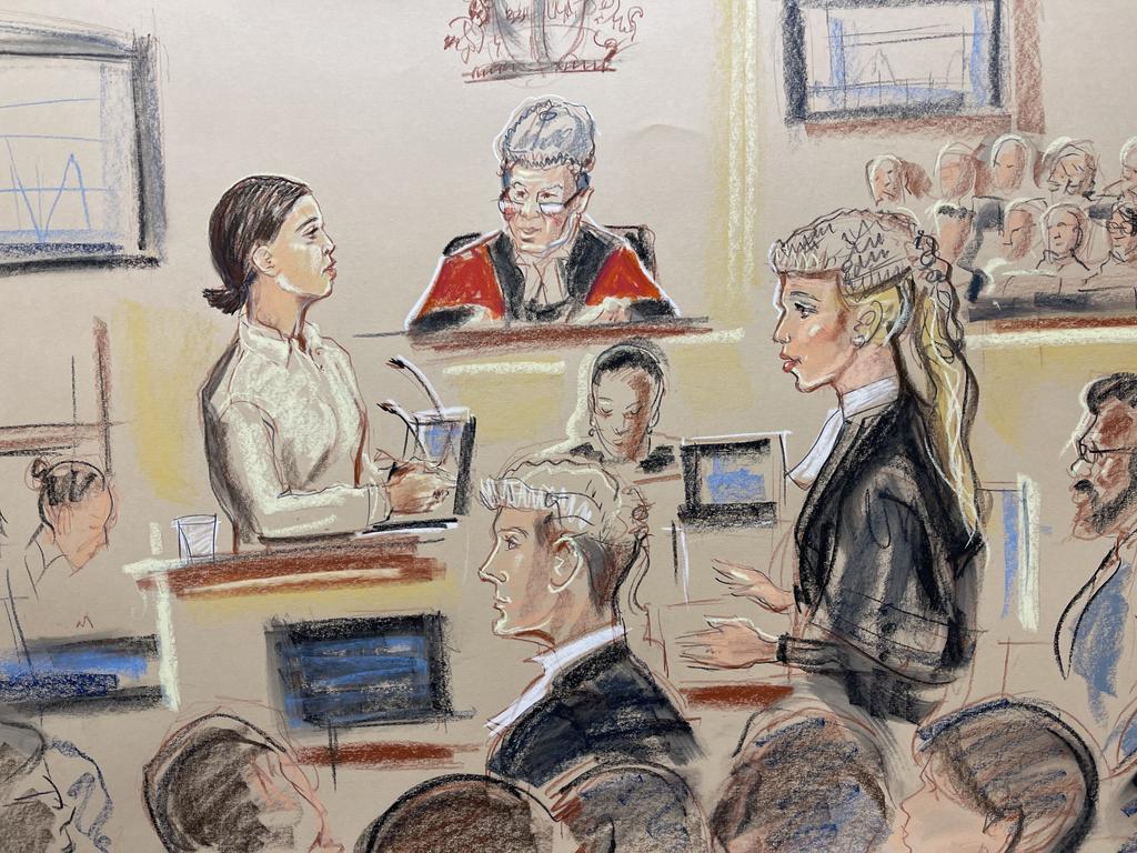 A court sketch shows Defence Barrister Grace Forbes questioning Sam Kerr. Picture: Priscilla Coleman/MB Media