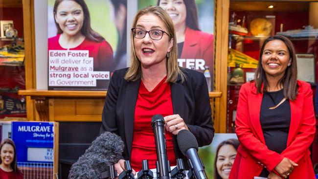 Premier Jacinta Allan addresses the crowd at the Noble Park RSL. Picture: Jake Nowakowski