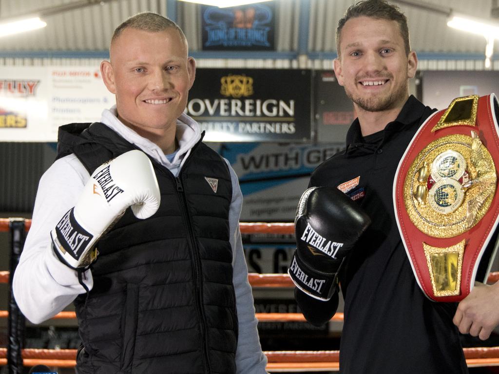 Media conference before boxing event on Saturday night at Smithy's Gym. Preparing for their fight, Michael Whitehead and Steven Spark.