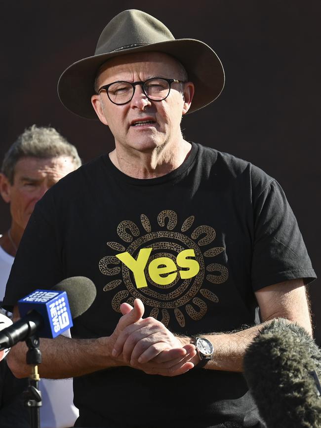 Prime Minister Anthony Albanese at Uluru as he finishe his run around the country for the Yes campaign. Picture: NCA NewsWire / Martin Ollman