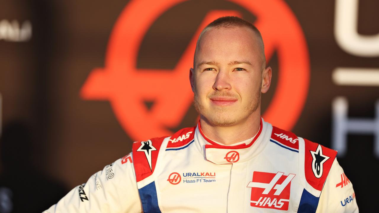 BARCELONA, SPAIN - FEBRUARY 23: Nikita Mazepin of Russia and Haas F1 unveils the Haas F1 VF-22 Ferrari during Day One of F1 Testing at Circuit de Barcelona-Catalunya on February 23, 2022 in Barcelona, Spain. (Photo by Mark Thompson/Getty Images)