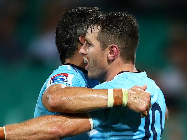 SYDNEY, AUSTRALIA - APRIL 20: Bernard Foley of the Waratahs celebrates scoring a try during the round 10 Super Rugby match between the Waratahs and the Melbourne Rebels at the Sydney Cricket Ground on April 20, 2019 in Sydney, Australia. (Photo by Cameron Spencer/Getty Images)