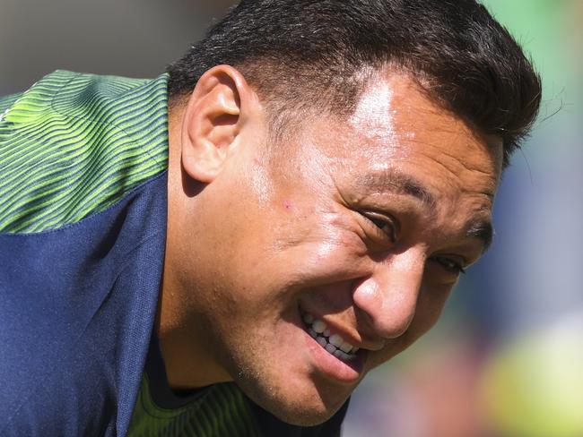 Josh Papalii of the Raiders speaks to fans during a training session at GIO Stadium in Canberra, Tuesday, October 1, 2019. The Canberra Raiders will face the Sydney Roosters in the NRL grand final at ANZ Stadium next Sunday. (AAP Image/Lukas Coch) NO ARCHIVING, EDITORIAL USE ONLY