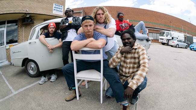 Northern Territory rock band King Stingray, whose self-titled debut album was released in August 2022. L-R: Lewis Stiles, Dimathaya Burarrwang, Campbell Messer, Roy Kellaway, Yirrnga Yunupingu and Yimila Gurruwiwi. Picture: Sam Brumby