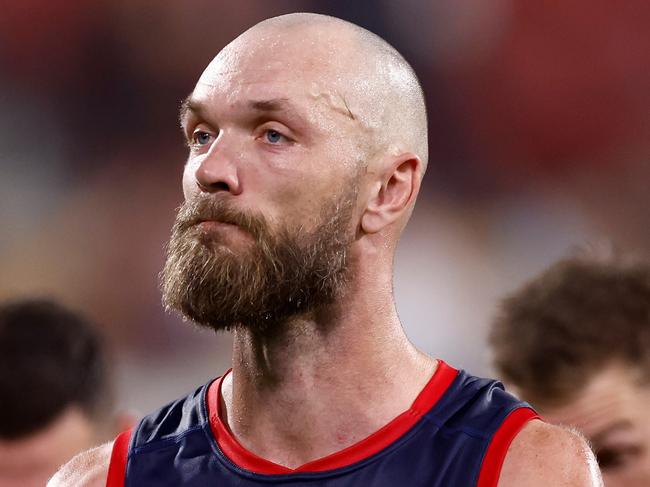 ADELAIDE, AUSTRALIA - APRIL 12: Max Gawn of the Demons looks dejected after a loss during the 2025 AFL Round 05 match between the Melbourne Demons and the Essendon Bombers at Adelaide Oval on April 12, 2025 in Adelaide, Australia. (Photo by Michael Willson/AFL Photos via Getty Images)