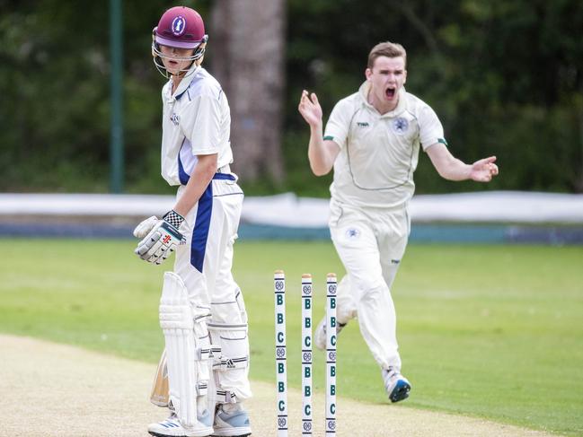 Justin Faber from TSS after being bowled second ball by William Gibson from BBC in the GPS cricket game between Brisbane Boys College BBC and Southport TSS at Oakman Park, Taringa, Saturday, March 14, 2020 (AAP Image/Richard Walker)