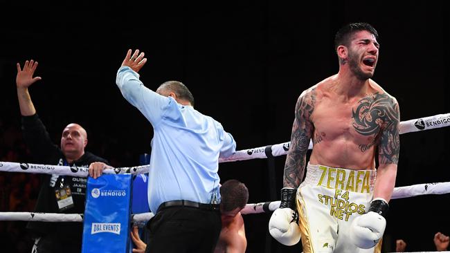 Zerafa celebrates his win over Horn in August 2019.