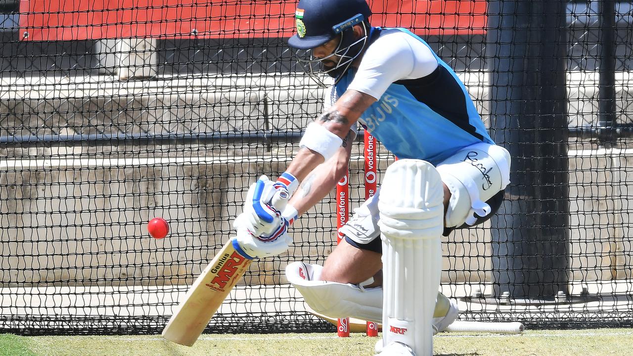 India’s captain Virat Kohli tunes up for the first Test during a nets session in Adelaide.