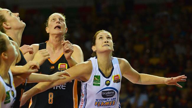 WNBL final round game between the Townsville Fire v Sydney Flames from Townsville Stadium. Fire's Suzy Batkovic and Flames Belinda Snell. Picture: Zak Simmonds