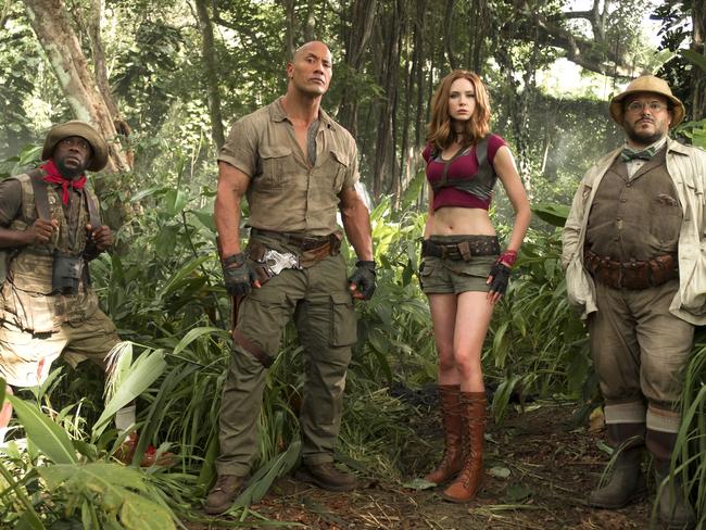 Kevin Hart, Dwayne Johnson, Karen Gillan and Jack Black are teenagers transported into video game avatars in Boxing Day movie release Jumanji: Welcome to the Jungle. Picture: Sony Pictures