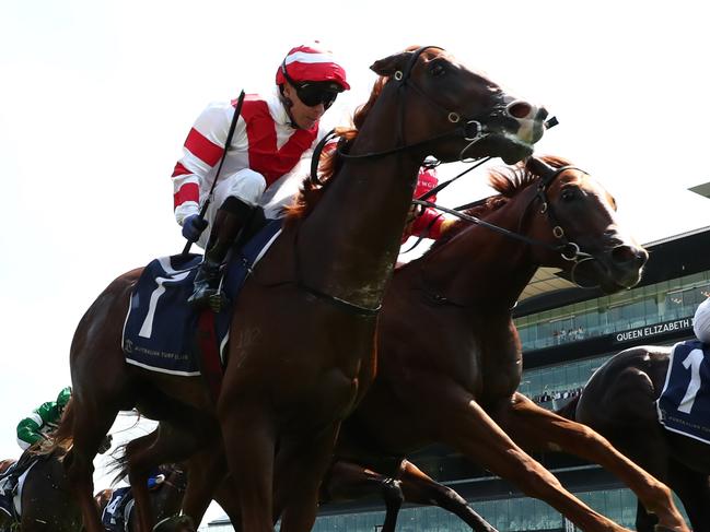 SYDNEY, AUSTRALIA - MARCH 01: Jason Collett riding Rivellino win Race 4  Catanach's Jewellers Skyline Stakes during Sydney Racing at Royal Randwick Racecourse on March 01, 2025 in Sydney, Australia. (Photo by Jeremy Ng/Getty Images)