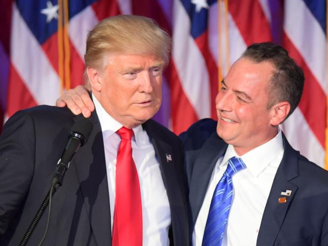 Trump and Priebus shared the stage during Trump’s election night victory speech at the New York Hilton Midtown. Picture: AFP/Jim Watson