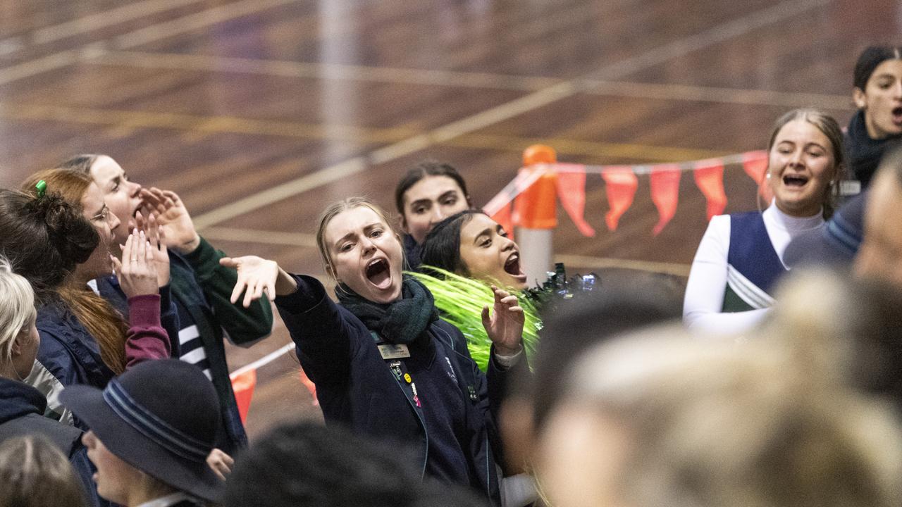 St Ursula's students get behind their Senior A team against Downlands First VII in Merici-Chevalier Cup netball at Salo Centre, Friday, July 19, 2024. Picture: Kevin Farmer