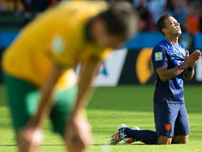 Memphis Depay celebrates victory over Australia at last year’s World Cup.