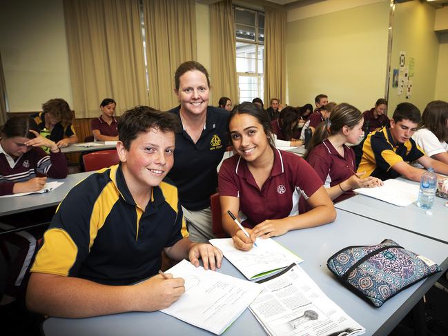 New Town High School teacher Jane Brooks during a Sport Science class with grade 10 students Jack Grace 15 (New Town High) and Temo Robertson 15 (Ogilvie High School). Picture Chris Kidd