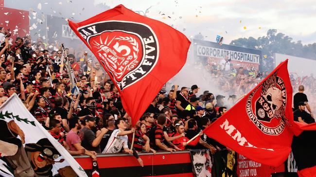 The RBB celebrate a Wanderers goal during the Western Sydney Wanderers v Sydney FC A League game at Pirtek Stadium, Parramatta. pic Mark Evans