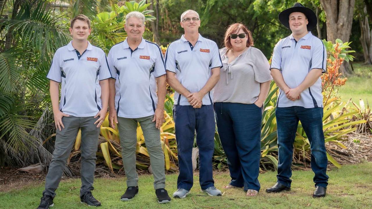 Jake Farrell, Paul Jacob, Guy Reece, Vera Dirou, and Jai Philpots are members of the group Change contesting the 2024 Townsville local government election. Picture: Supplied.