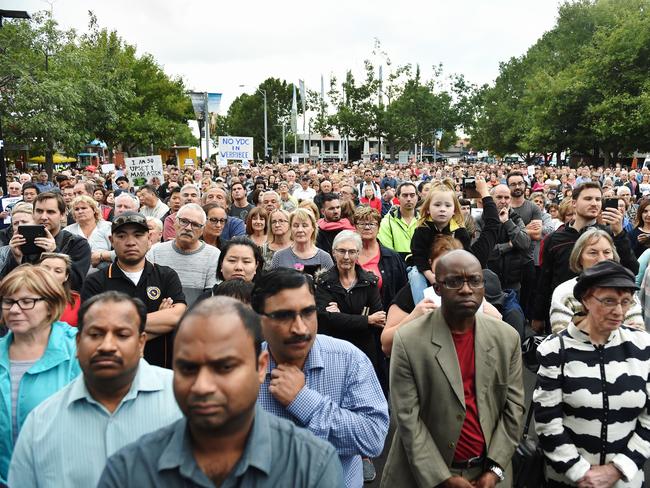 Locals gather to protest against the building of a youth justice centre in Werribee. Picture: Jake Nowakowski