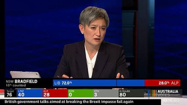 Penny Wong on the ABC’s 2019 election night coverage on May 18 last year. Picture: ABC