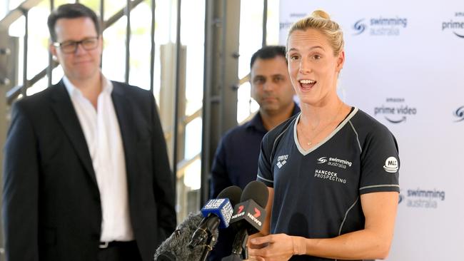 Keiren Perkins looks on as Bronte Campbell takes questions at the announcement of the Amazon Prime Video streaming deal with Swimming Australia. Picture: Delly Carr/Swimming Australia