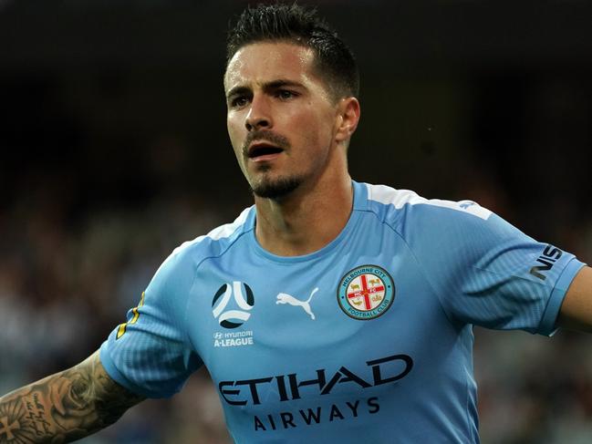 Jamie Maclaren of Melbourne City celebrates a goal during the Round 3 A-League match between the Western United FC and the Melbourne City FC at GMHBA Stadium in Geelong, Sunday, October 27, 2019.  (AAP Image/Sean Garnsworthy) NO ARCHIVING, EDITORIAL USE ONLY