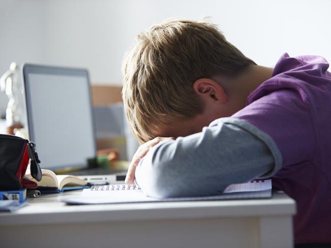 Tired Boy Studying In Bedroom