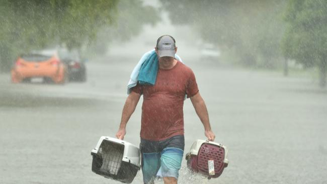 Peter Sharpe carries a pair of cats to safety in Carmody Street, Rosslea. Picture: Evan Morgan