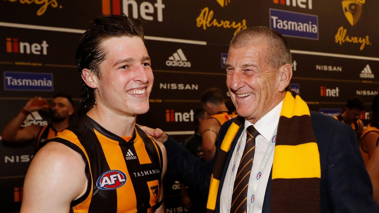 Jeff Kennett (right) with Hawks young gun Josh Ward. Picture: Dylan Burns/AFL Photos via Getty Images