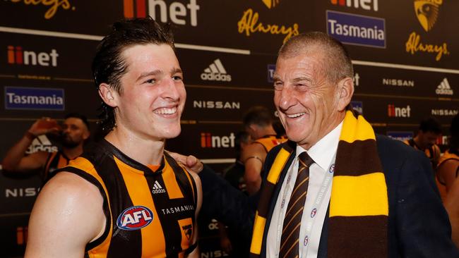 Jeff Kennett (right) with Hawks young gun Josh Ward. Picture: Dylan Burns/AFL Photos via Getty Images