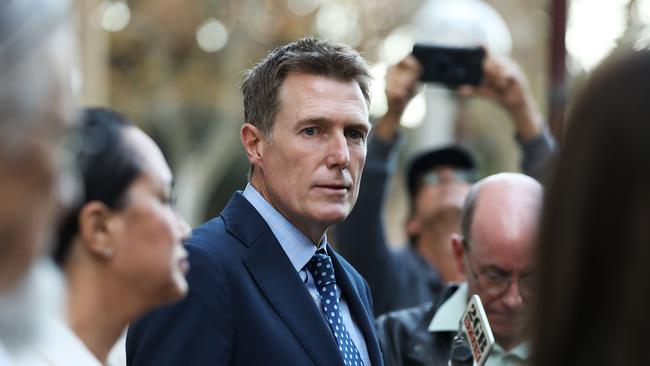 Christian Porter speaks at a press conference after dropping his claims against the ABC for defamation. Picture: Jane Dempster/The Australian.