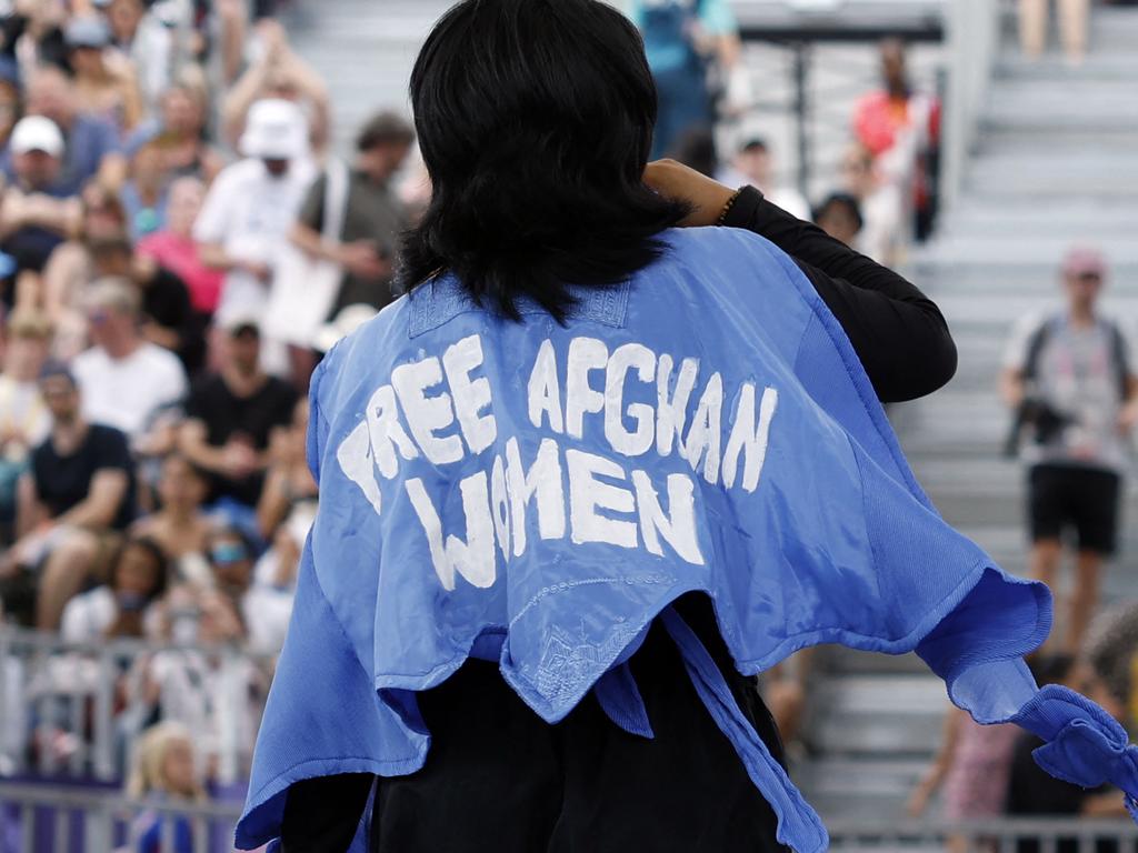 Refugee Olympic team's Manizha Talash, known as Manizha wearing a jacket reading "Free Afghan women". Picture: Odd Andersen / AFP