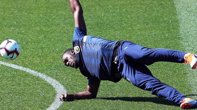 Usain Bolt makes his first appearance at Central Coast Mariners training on Tuesday. Picture: AAP