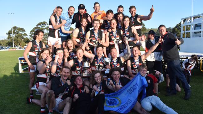 Millicent celebrates winning the 2021 Western Border Football League grand final. Picture: Thomas Miles