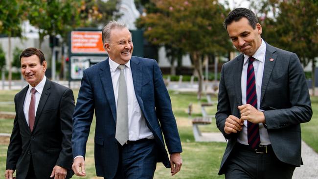 Labor leader Anthony Albanese, centre, in Adelaide on Friday with MPs Tony Zappia, left, and Blair Boyer. Picture: Morgan Sette