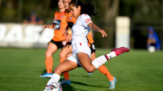 Teenage striker Mary Fowler scored a first-half goal to drag Adelaide United back into the contest in the Reds’ loss to Brisbane Roar. Picture: Bradley Kanaris/Getty Images